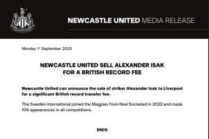 纽卡伊萨克公告仅37字，记者：这充分说明了球队如何看待他的行为