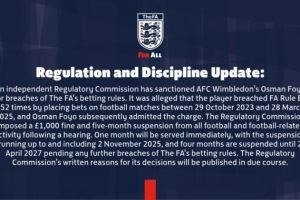 官方：英甲球员福约252次违反博彩条例，被罚款1000镑+禁赛5个月